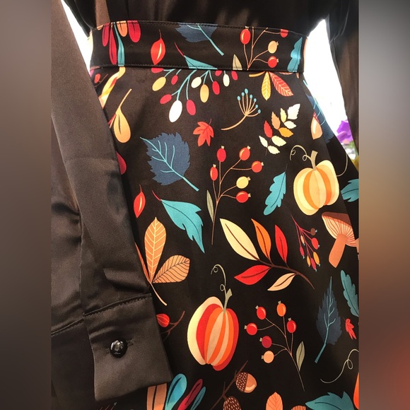 Eva Rose Fit & Flare Pumpkin Leaf Print Midi Skirt Women’s New Black Multi - Picture 2 of 5